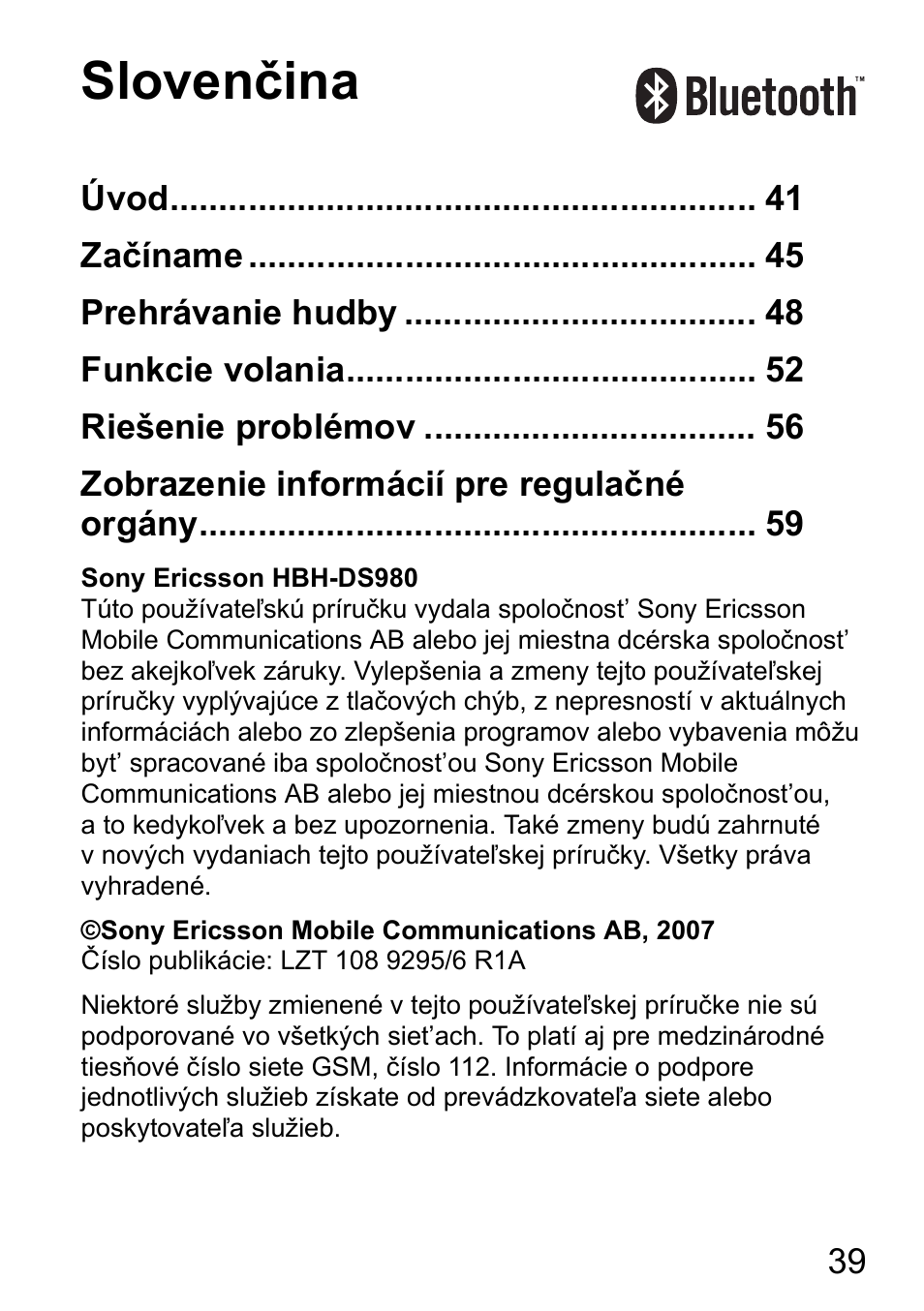 Slovenčina | Sony Ericsson HBH-DS980 User Manual | Page 39 / 80