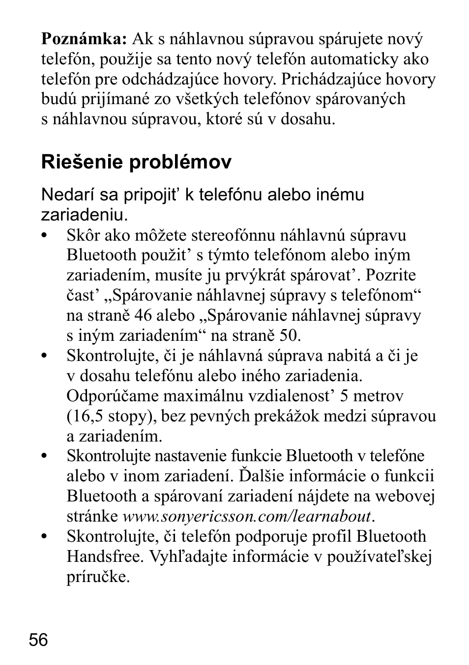 Riešenie problémov | Sony Ericsson HBH-DS980 User Manual | Page 56 / 80