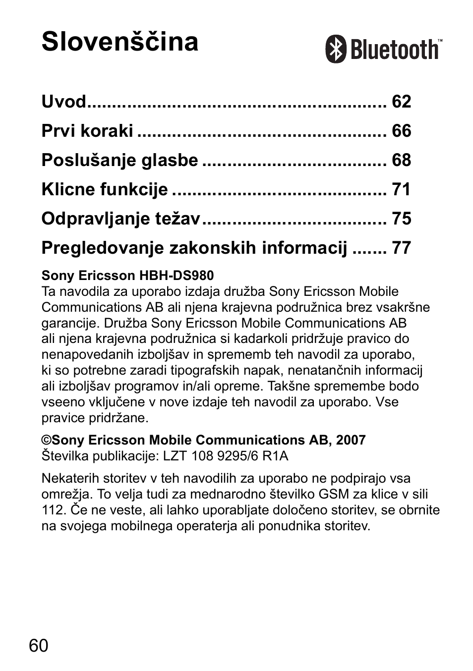 Slovenščina | Sony Ericsson HBH-DS980 User Manual | Page 60 / 80