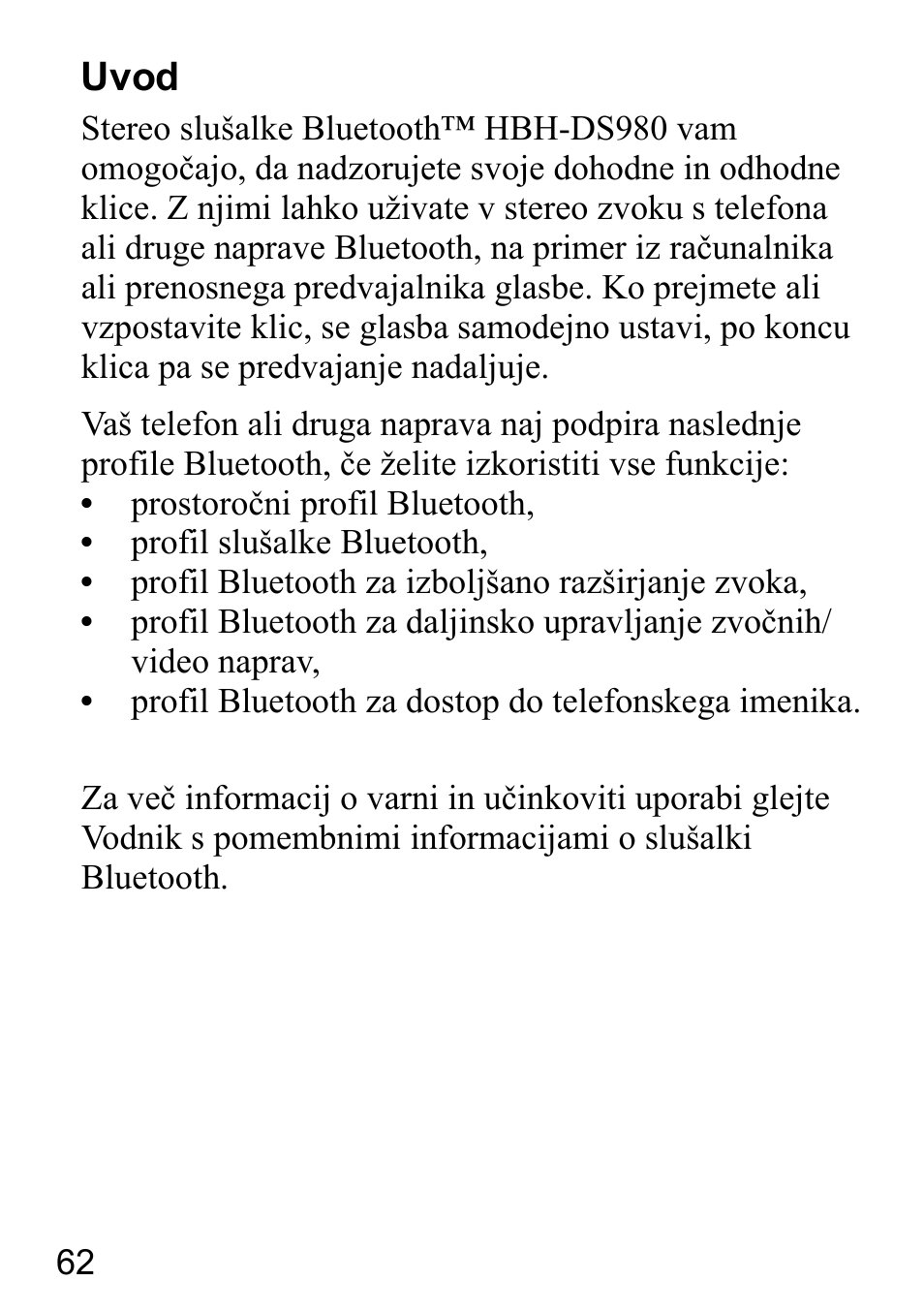 Uvod | Sony Ericsson HBH-DS980 User Manual | Page 62 / 80