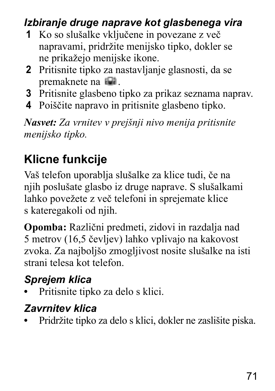 Klicne funkcije | Sony Ericsson HBH-DS980 User Manual | Page 71 / 80