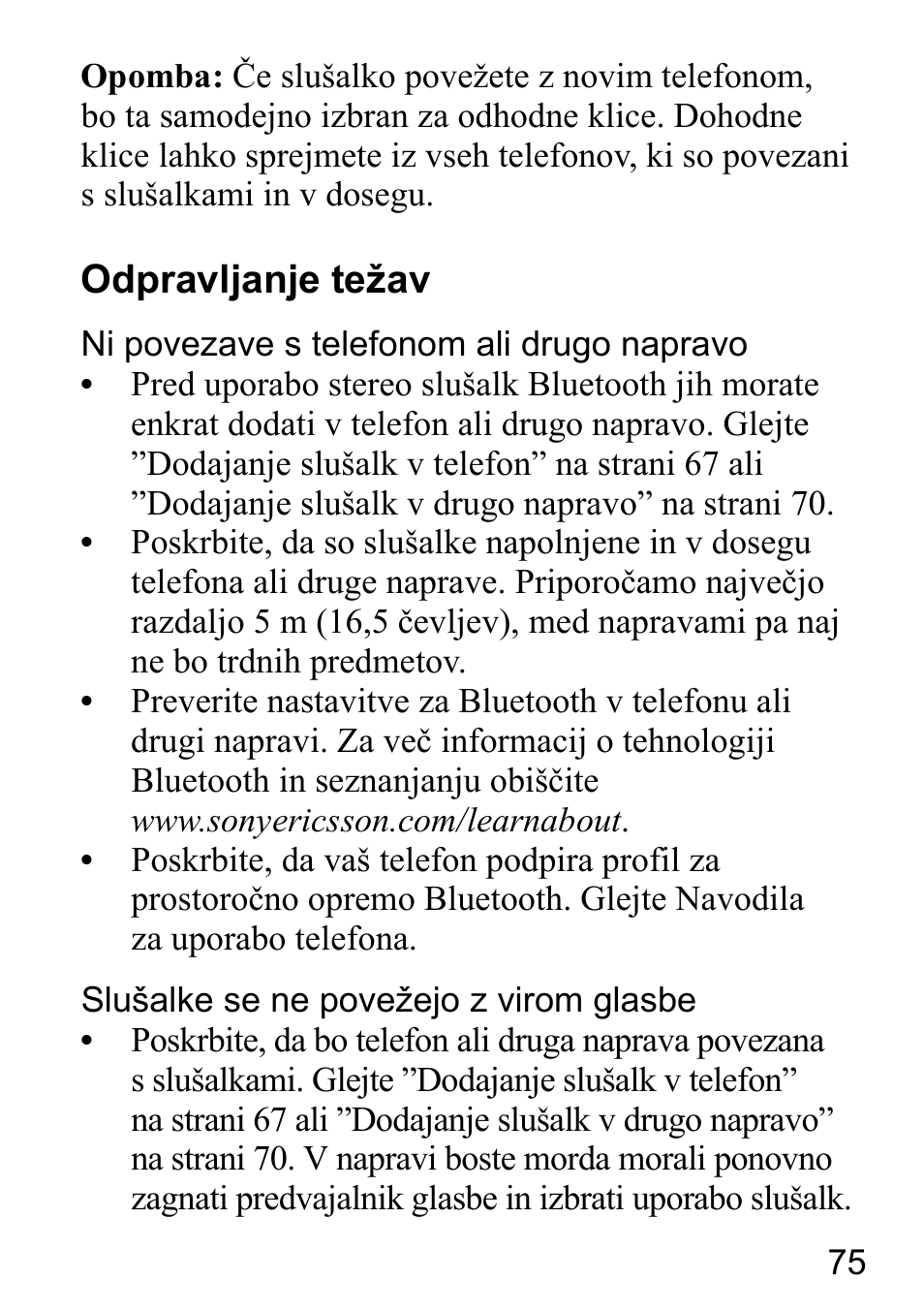 Odpravljanje težav | Sony Ericsson HBH-DS980 User Manual | Page 75 / 80