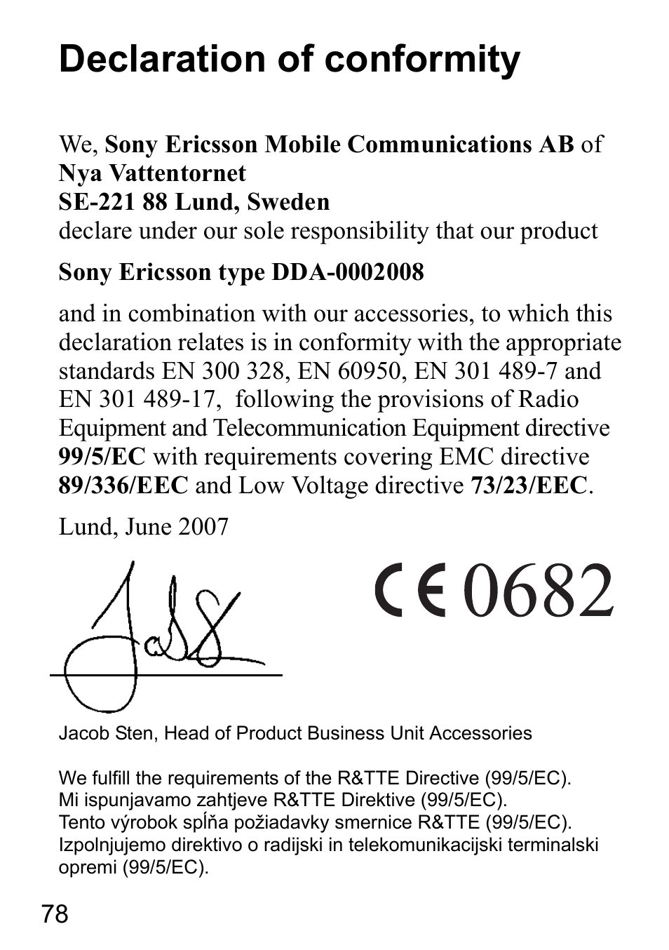 Declaration of conformity | Sony Ericsson HBH-DS980 User Manual | Page 78 / 80