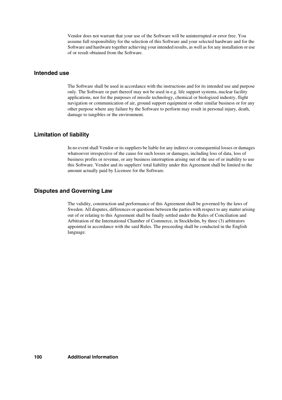 Intended use, Limitation of liability, Disputes and governing law | Sony Ericsson GC89 User Manual | Page 100 / 113