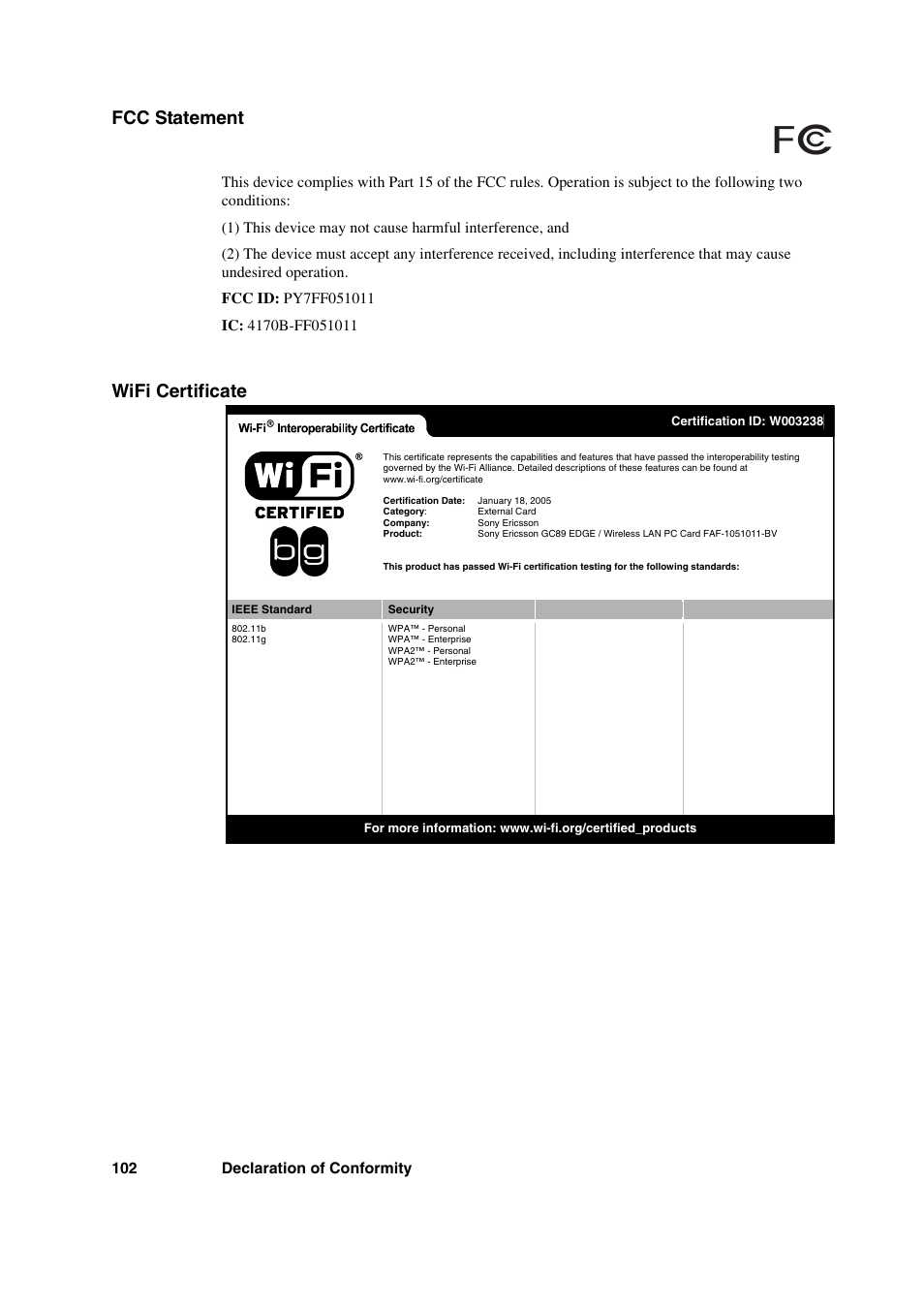 Fcc statement, Wifi certificate, Fcc statement wifi certificate | Sony Ericsson GC89 User Manual | Page 102 / 113