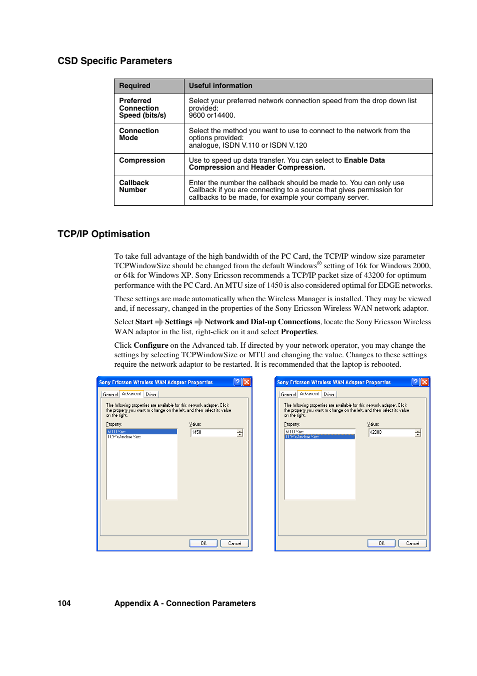 Csd specific parameters, Tcp/ip optimisation, Csd specific parameters tcp/ip optimisation | Sony Ericsson GC89 User Manual | Page 104 / 113