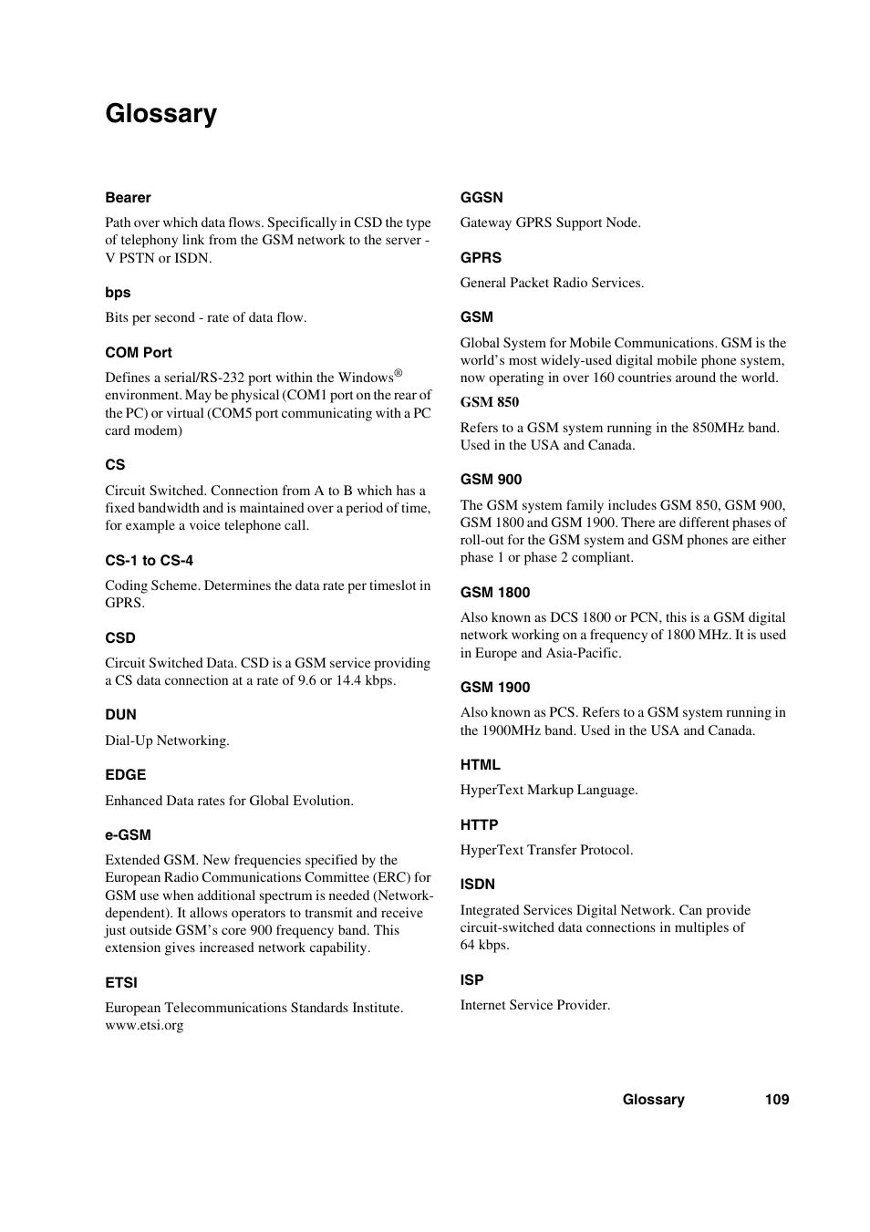 Glossary | Sony Ericsson GC89 User Manual | Page 109 / 113