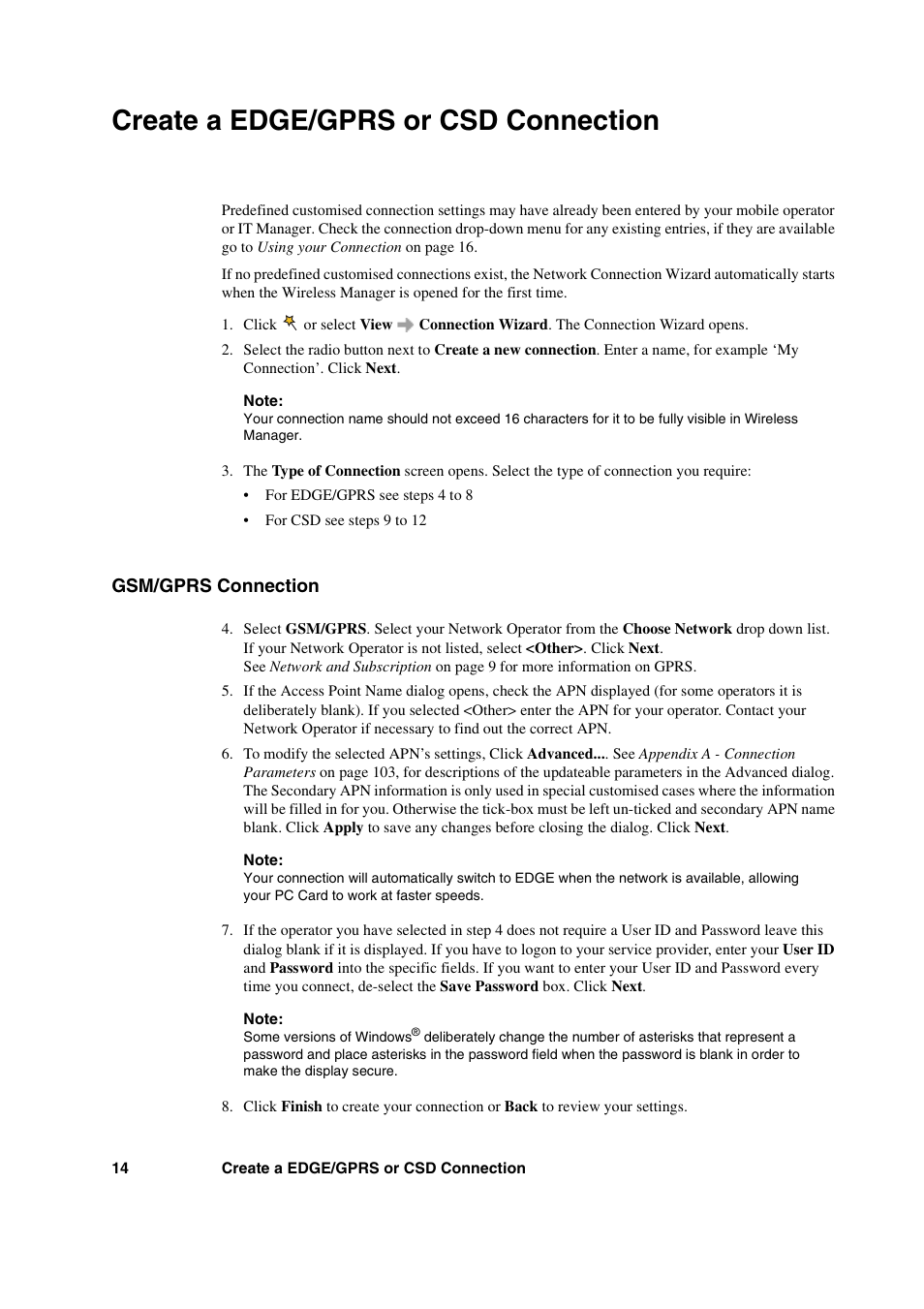 Create a edge/gprs or csd connection, Gsm/gprs connection | Sony Ericsson GC89 User Manual | Page 14 / 113