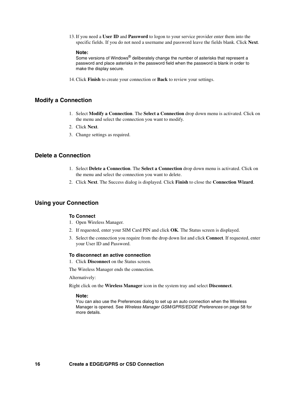 Modify a connection, Delete a connection, Using your connection | Sony Ericsson GC89 User Manual | Page 16 / 113