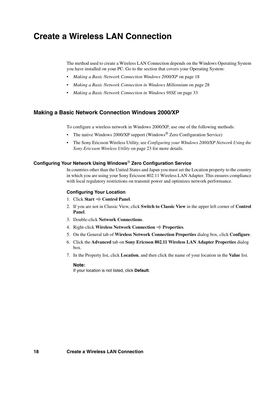 Create a wireless lan connection, Making a basic network connection windows 2000/xp | Sony Ericsson GC89 User Manual | Page 18 / 113