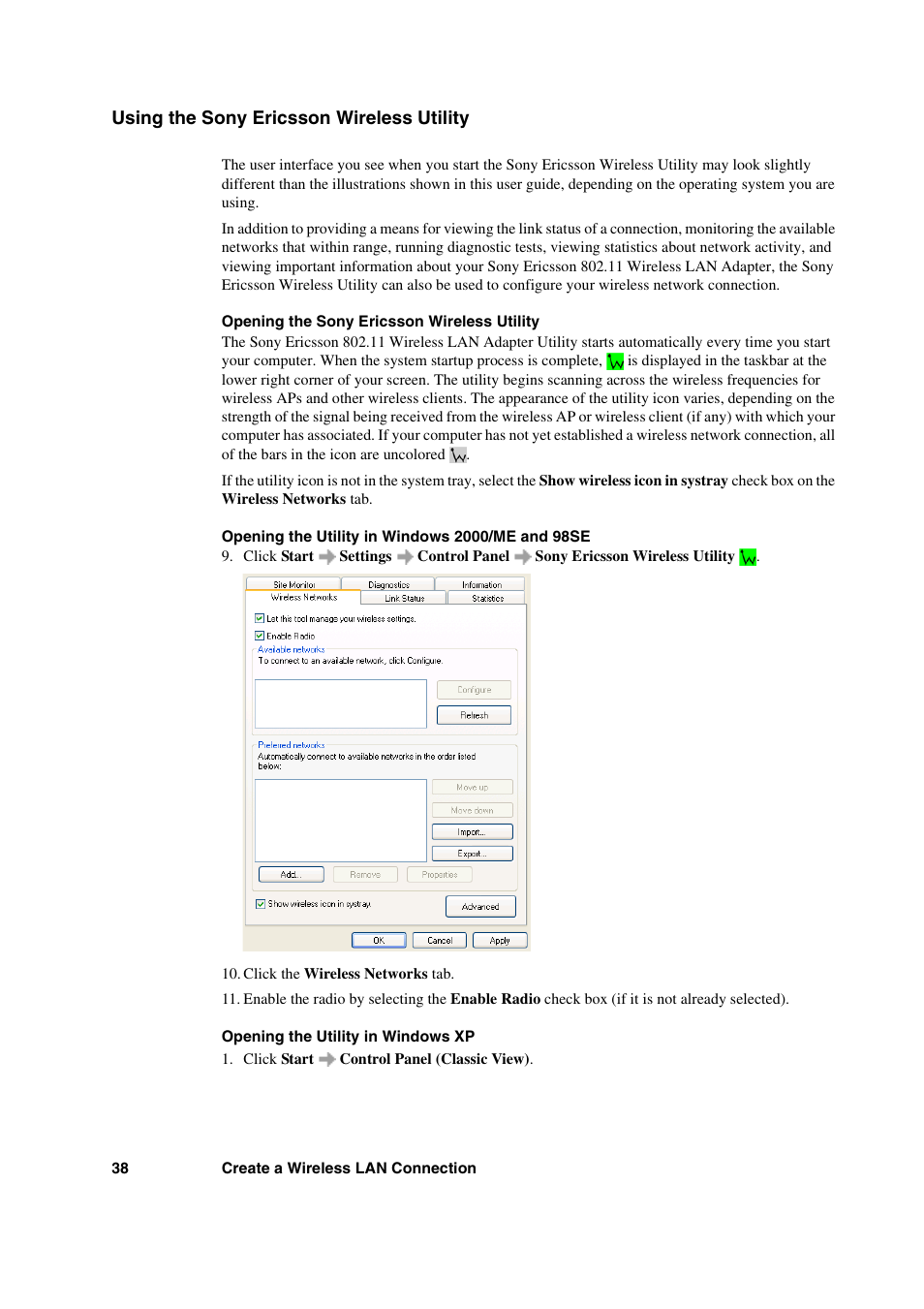 Using the sony ericsson wireless utility | Sony Ericsson GC89 User Manual | Page 38 / 113