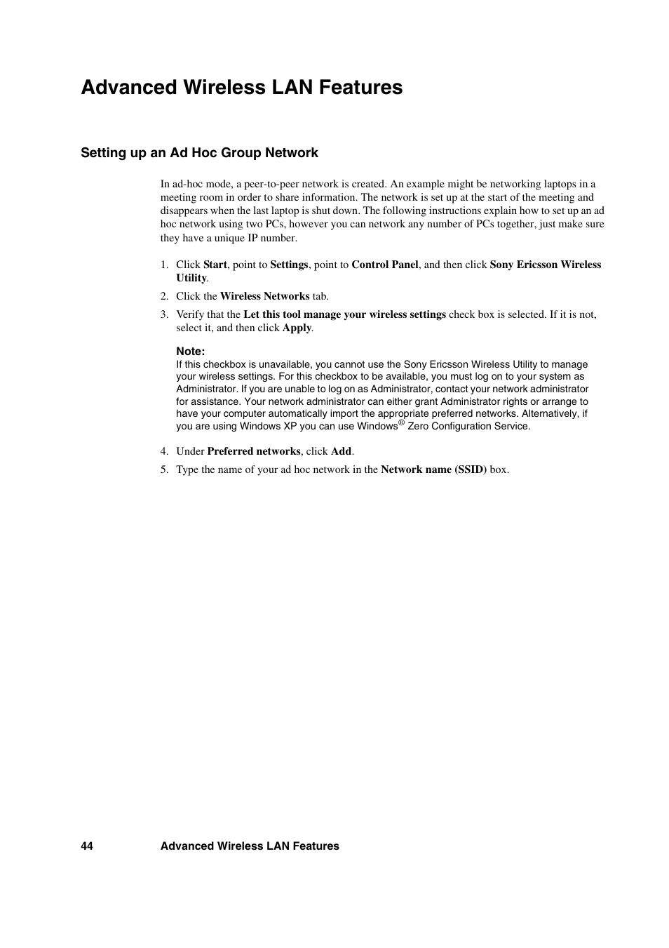 Advanced wireless lan features, Setting up an ad hoc group network | Sony Ericsson GC89 User Manual | Page 44 / 113