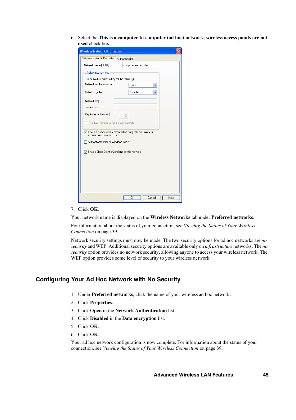 Configuring your ad hoc network with no security | Sony Ericsson GC89 User Manual | Page 45 / 113