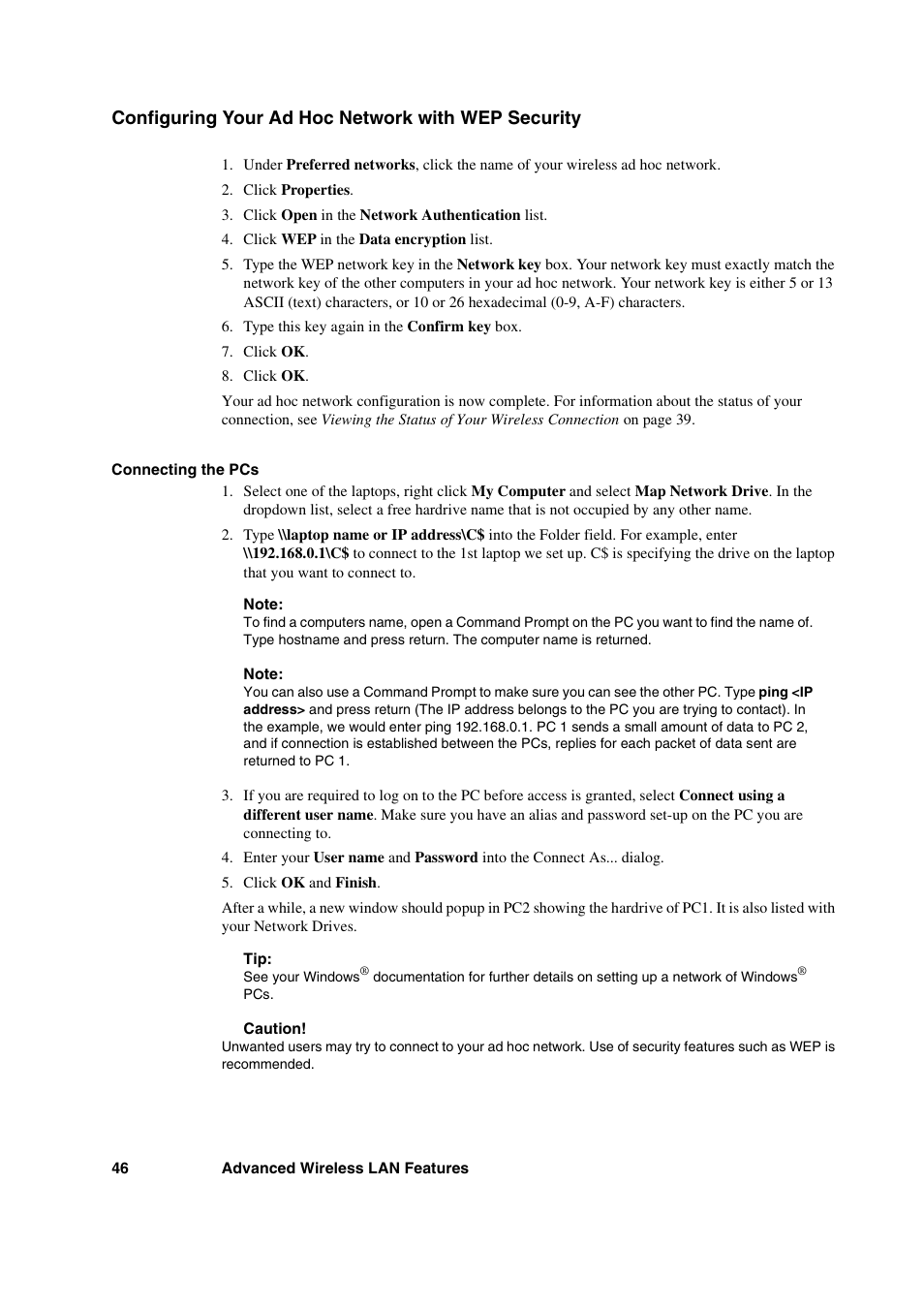 Configuring your ad hoc network with wep security | Sony Ericsson GC89 User Manual | Page 46 / 113