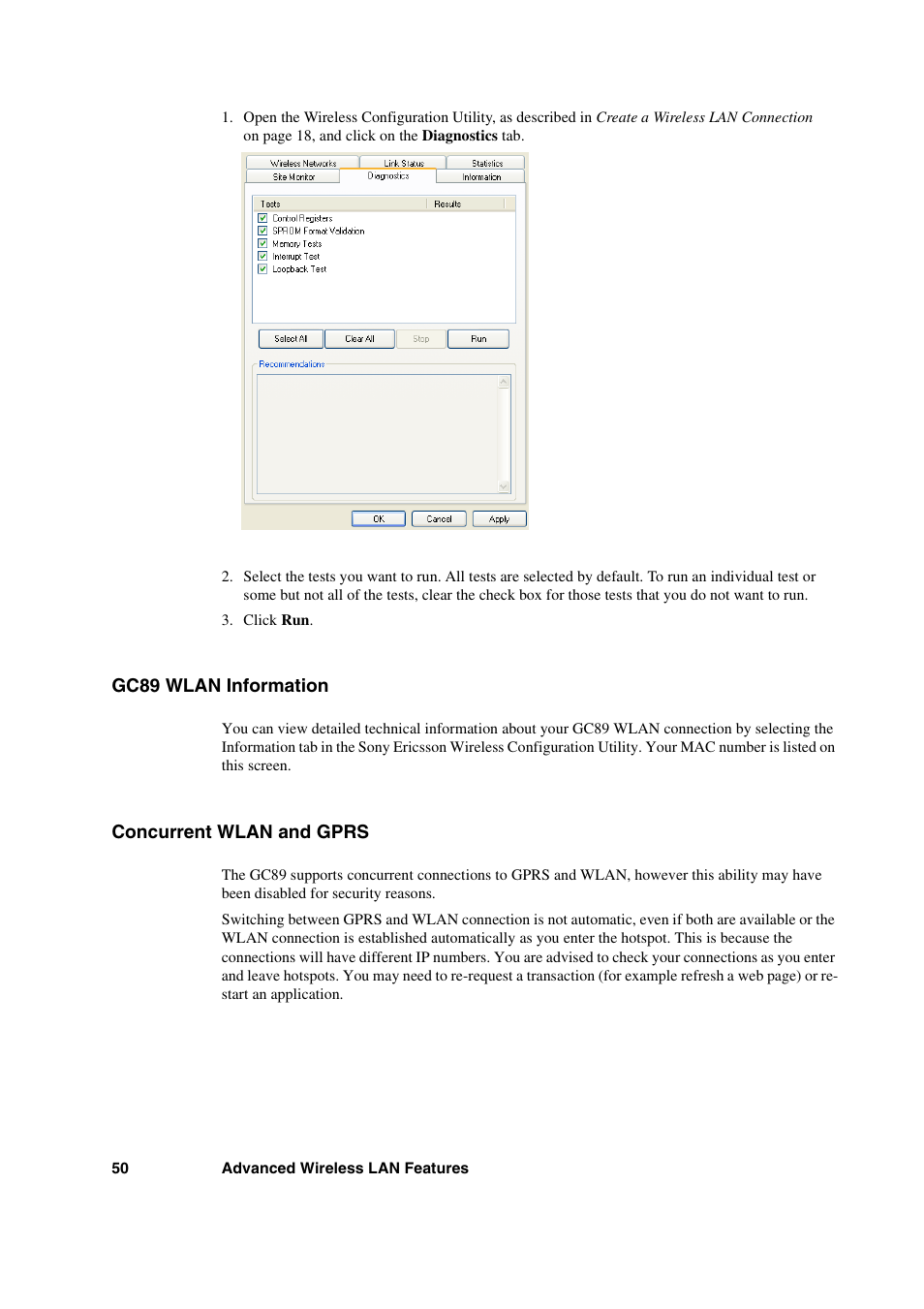 Gc89 wlan information, Concurrent wlan and gprs, Gc89 wlan information concurrent wlan and gprs | Sony Ericsson GC89 User Manual | Page 50 / 113