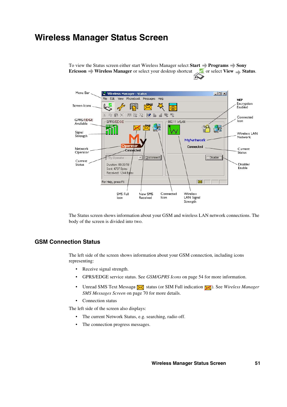 Wireless manager status screen, Gsm connection status | Sony Ericsson GC89 User Manual | Page 51 / 113