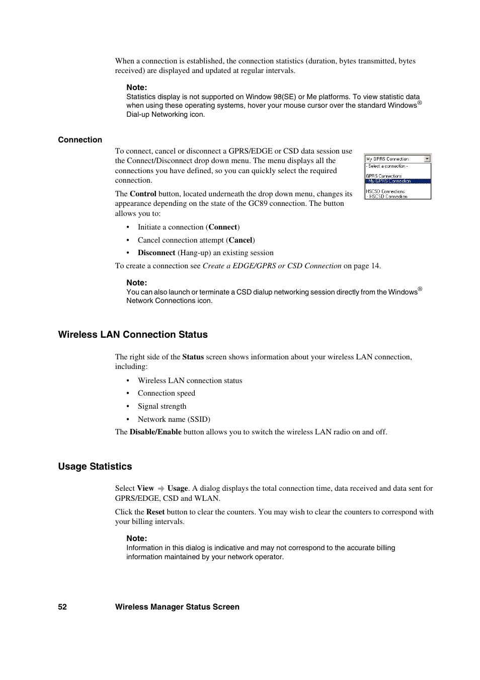 Wireless lan connection status, Usage statistics, Wireless lan connection status usage statistics | Sony Ericsson GC89 User Manual | Page 52 / 113