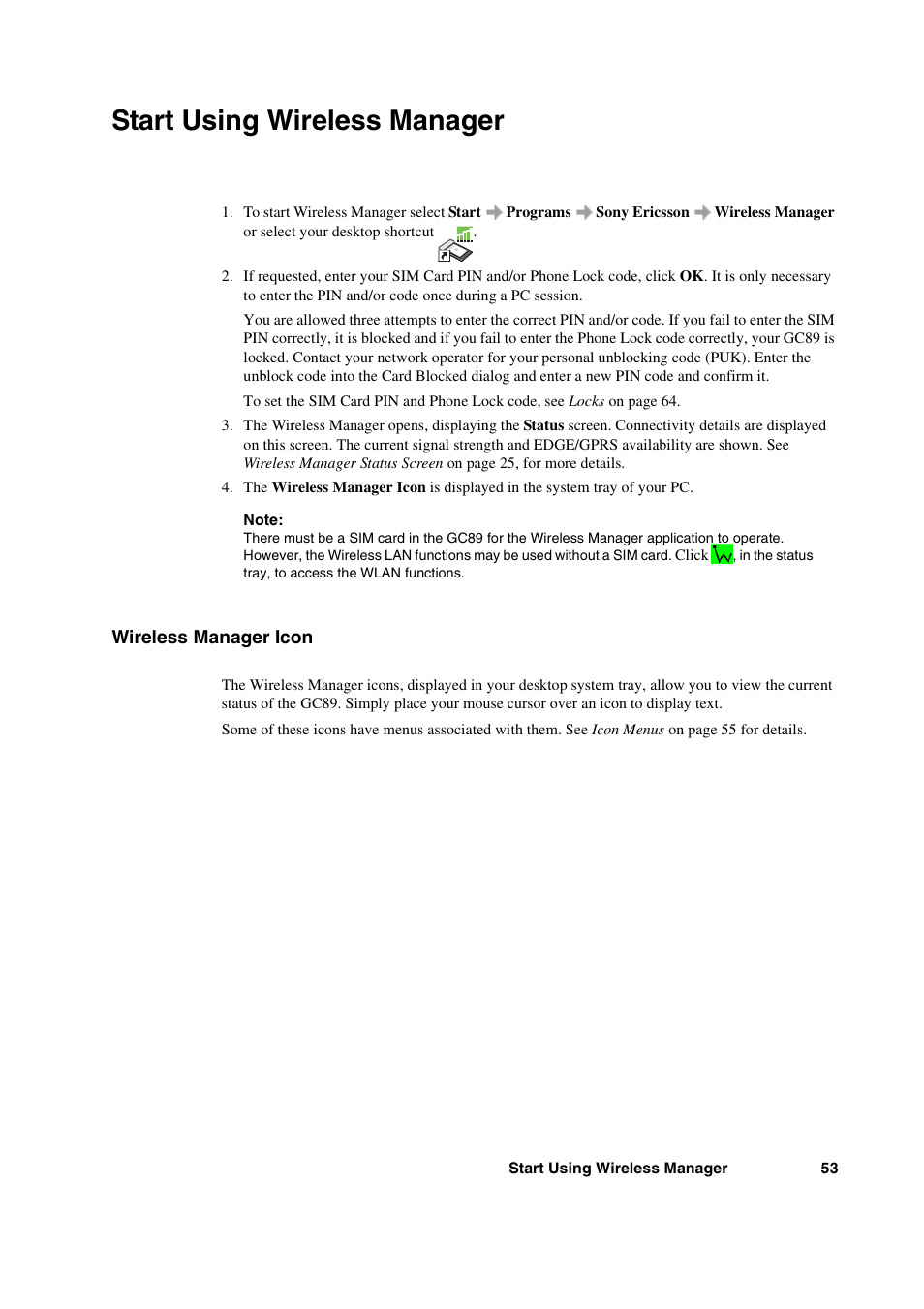 Start using wireless manager, Wireless manager icon | Sony Ericsson GC89 User Manual | Page 53 / 113