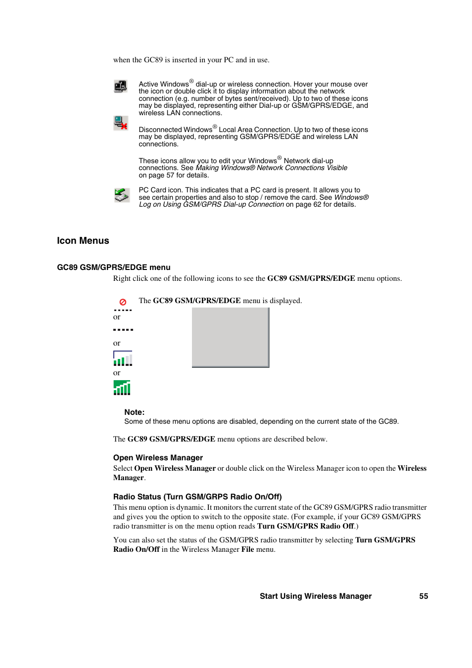 Icon menus | Sony Ericsson GC89 User Manual | Page 55 / 113