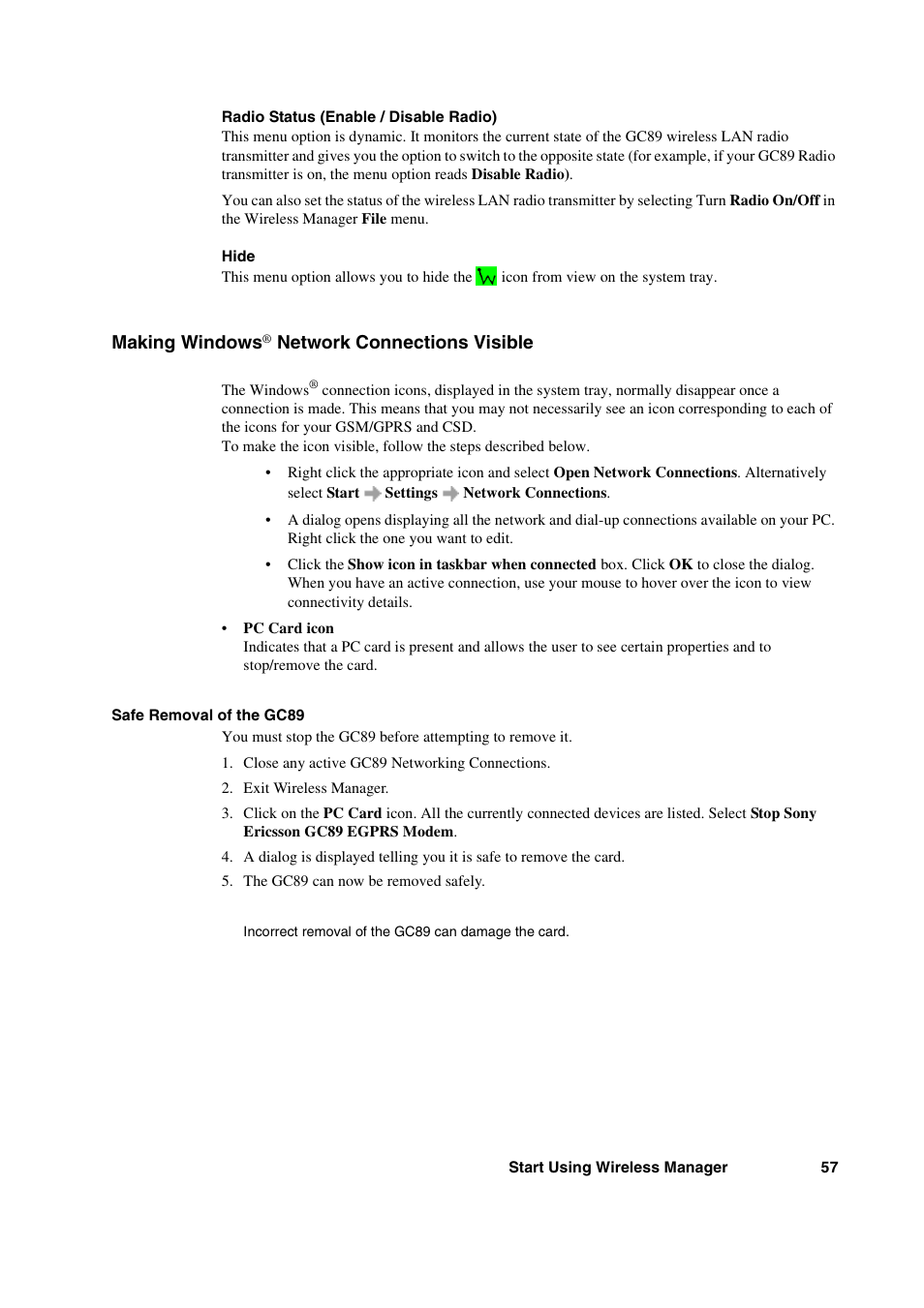 Making windows® network connections visible, Making windows, Network connections visible | Sony Ericsson GC89 User Manual | Page 57 / 113