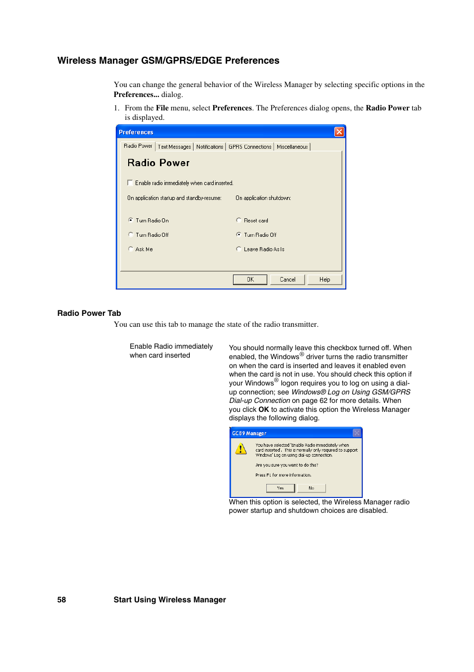 Wireless manager gsm/gprs/edge preferences | Sony Ericsson GC89 User Manual | Page 58 / 113