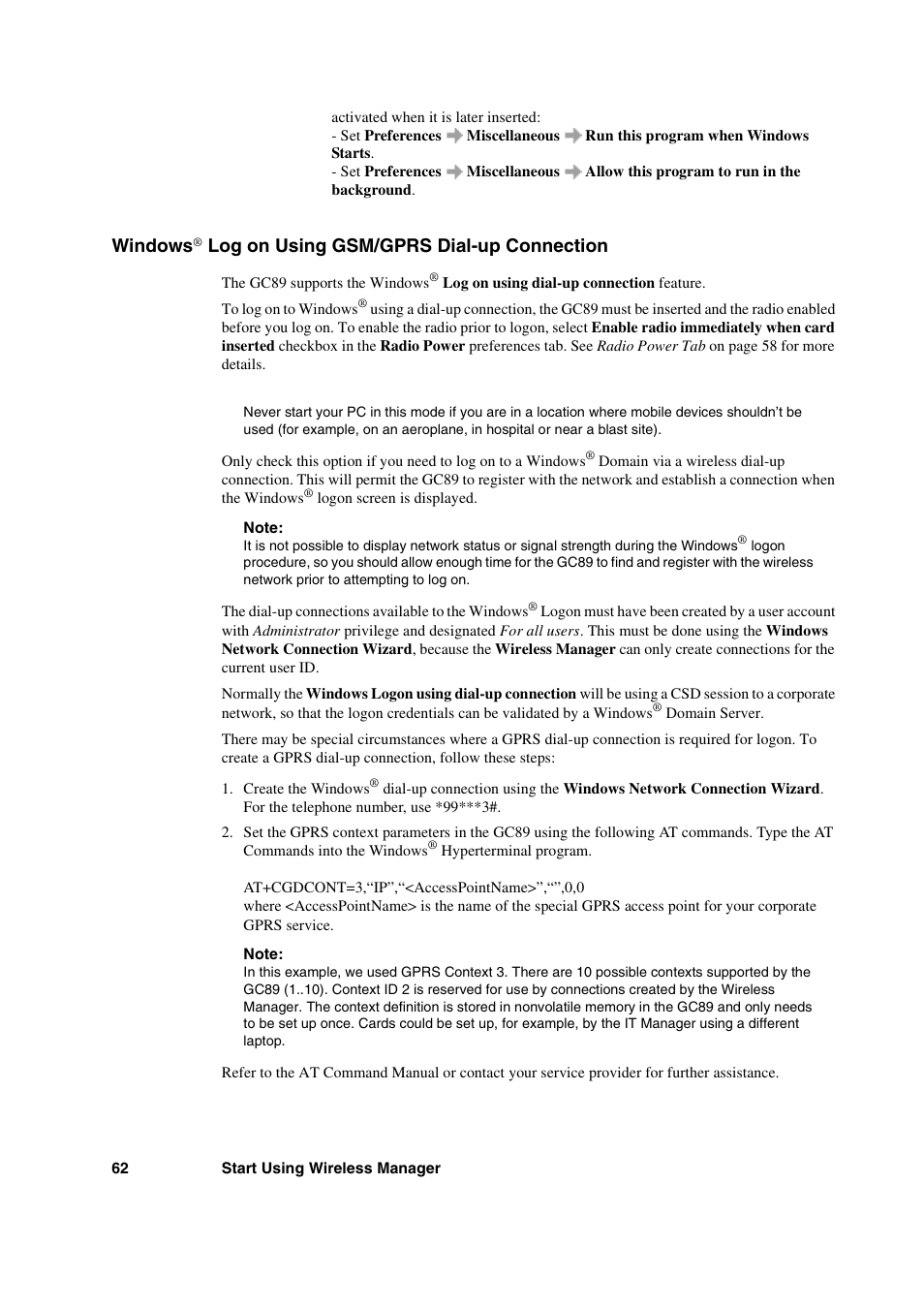 Windows® log on using gsm/gprs dial-up connection, Windows, Log on using gsm/gprs dial-up connection | Sony Ericsson GC89 User Manual | Page 62 / 113