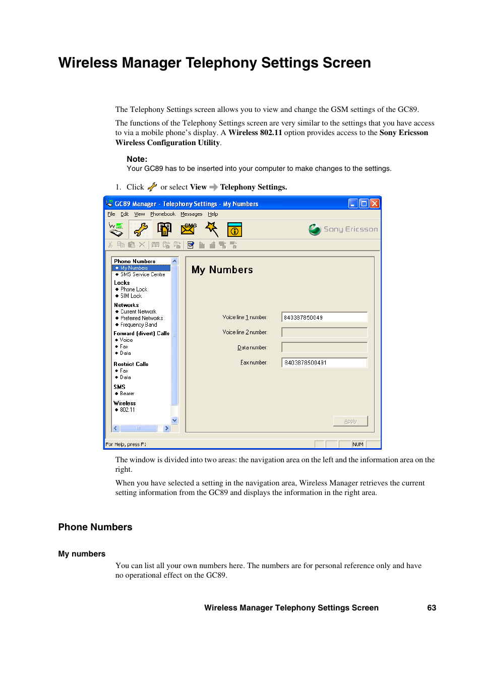 Wireless manager telephony settings screen, Phone numbers | Sony Ericsson GC89 User Manual | Page 63 / 113