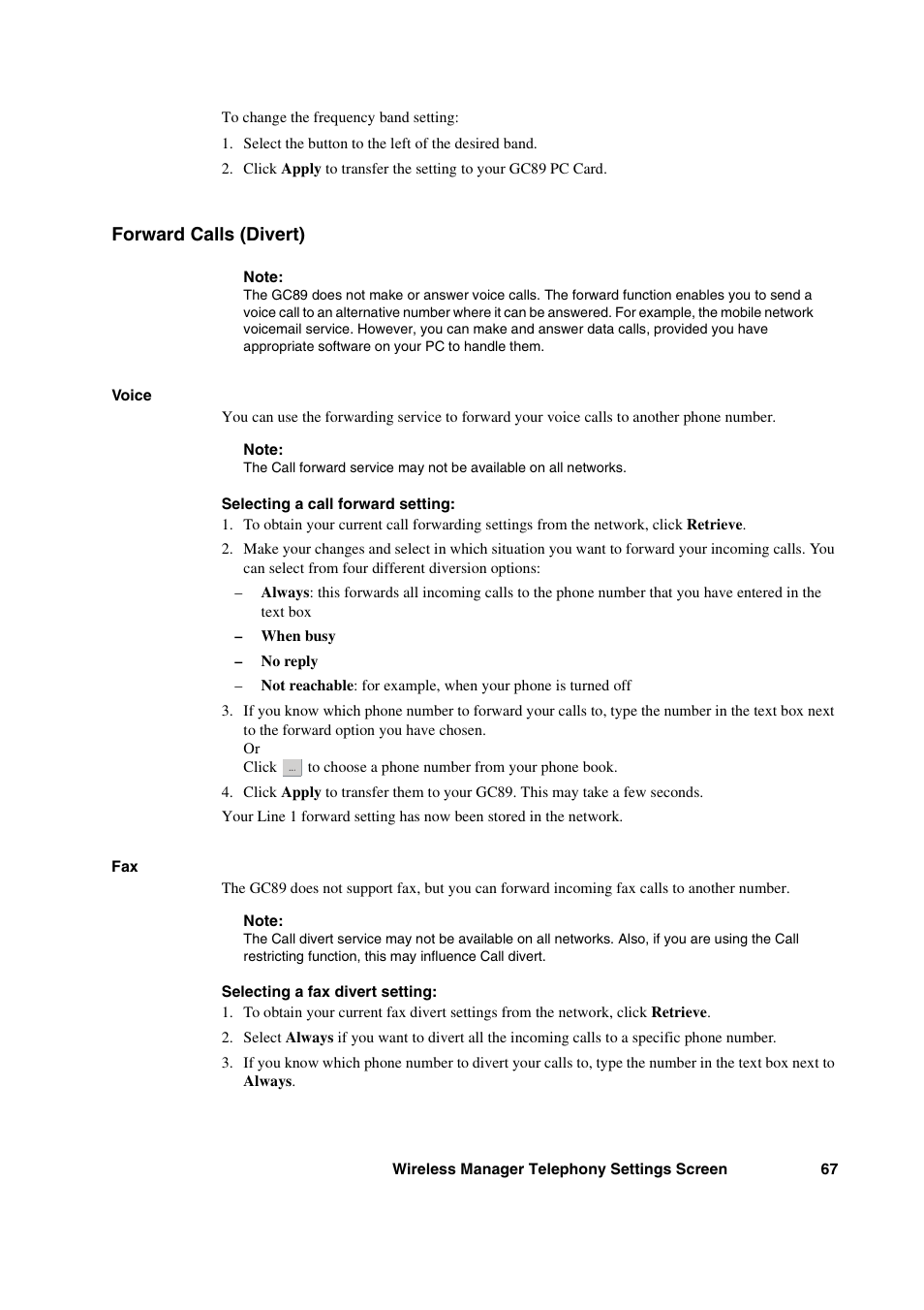 Forward calls (divert) | Sony Ericsson GC89 User Manual | Page 67 / 113