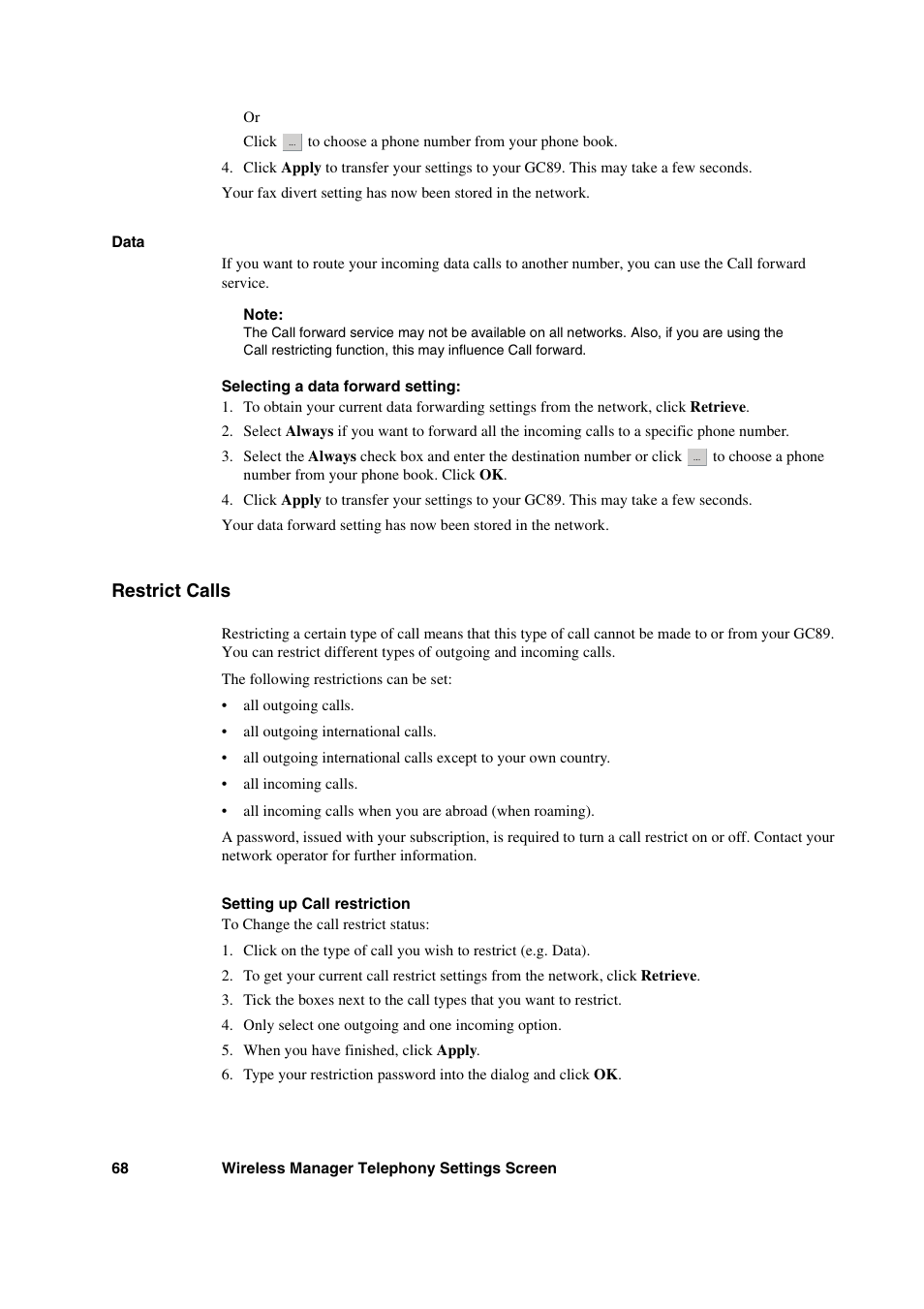 Restrict calls | Sony Ericsson GC89 User Manual | Page 68 / 113