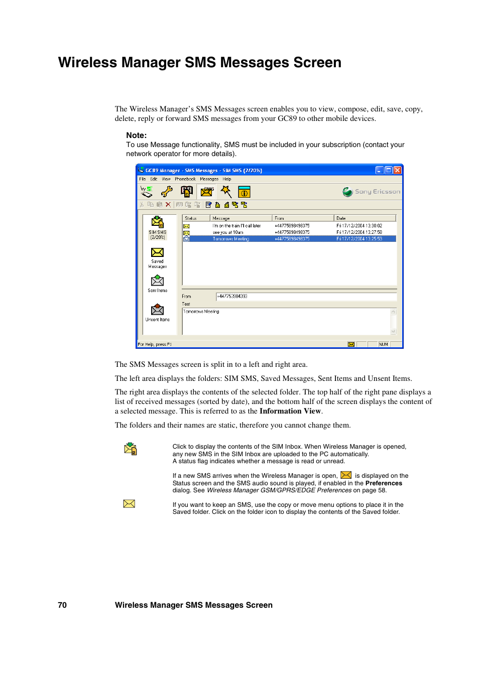 Wireless manager sms messages screen | Sony Ericsson GC89 User Manual | Page 70 / 113