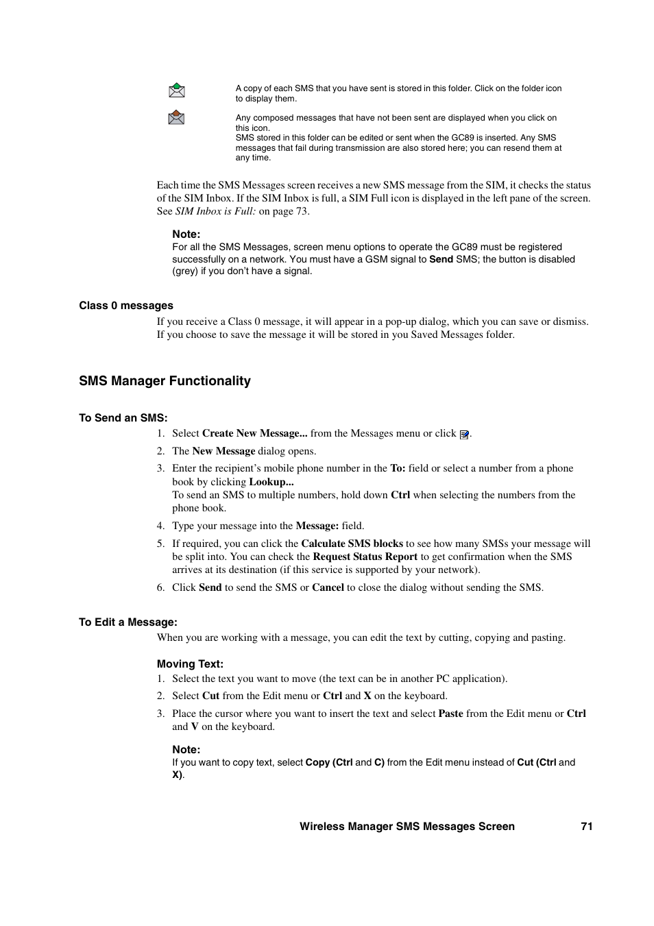 Sms manager functionality | Sony Ericsson GC89 User Manual | Page 71 / 113