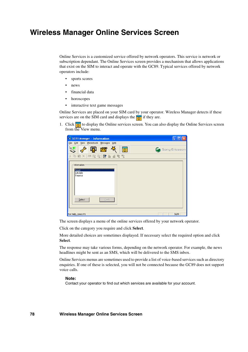 Wireless manager online services screen | Sony Ericsson GC89 User Manual | Page 78 / 113