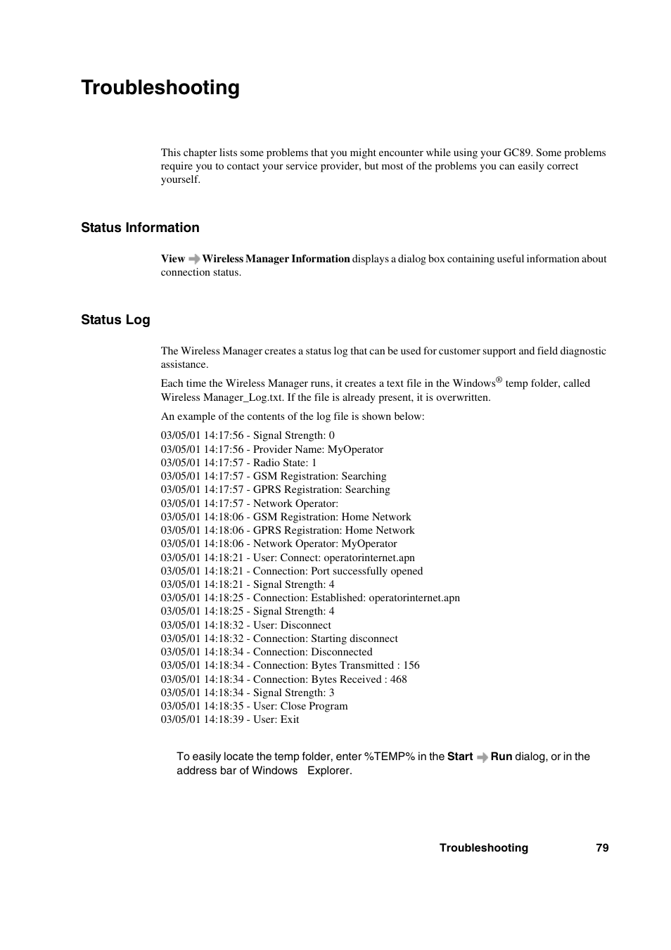 Troubleshooting, Status information, Status log | Status information status log | Sony Ericsson GC89 User Manual | Page 79 / 113