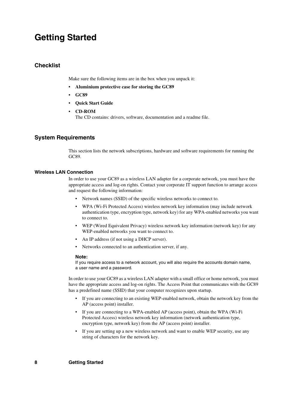 Getting started, Checklist, System requirements | Checklist system requirements | Sony Ericsson GC89 User Manual | Page 8 / 113