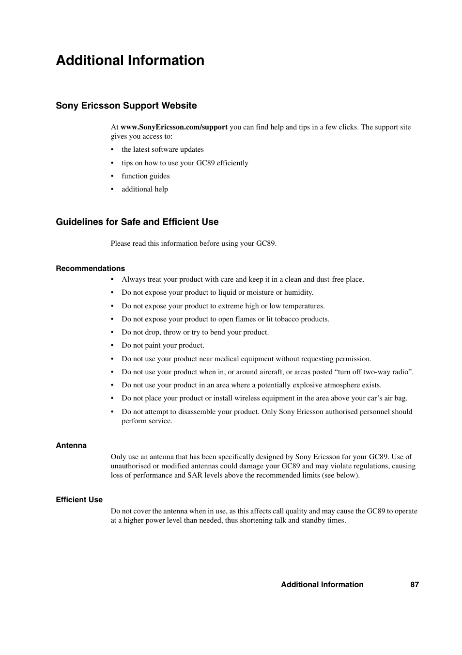 Additional information, Sony ericsson support website, Guidelines for safe and efficient use | Sony Ericsson GC89 User Manual | Page 87 / 113