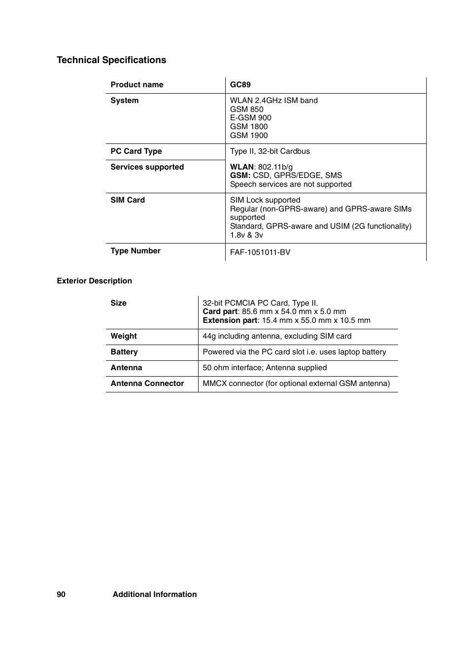 Technical specifications | Sony Ericsson GC89 User Manual | Page 90 / 113