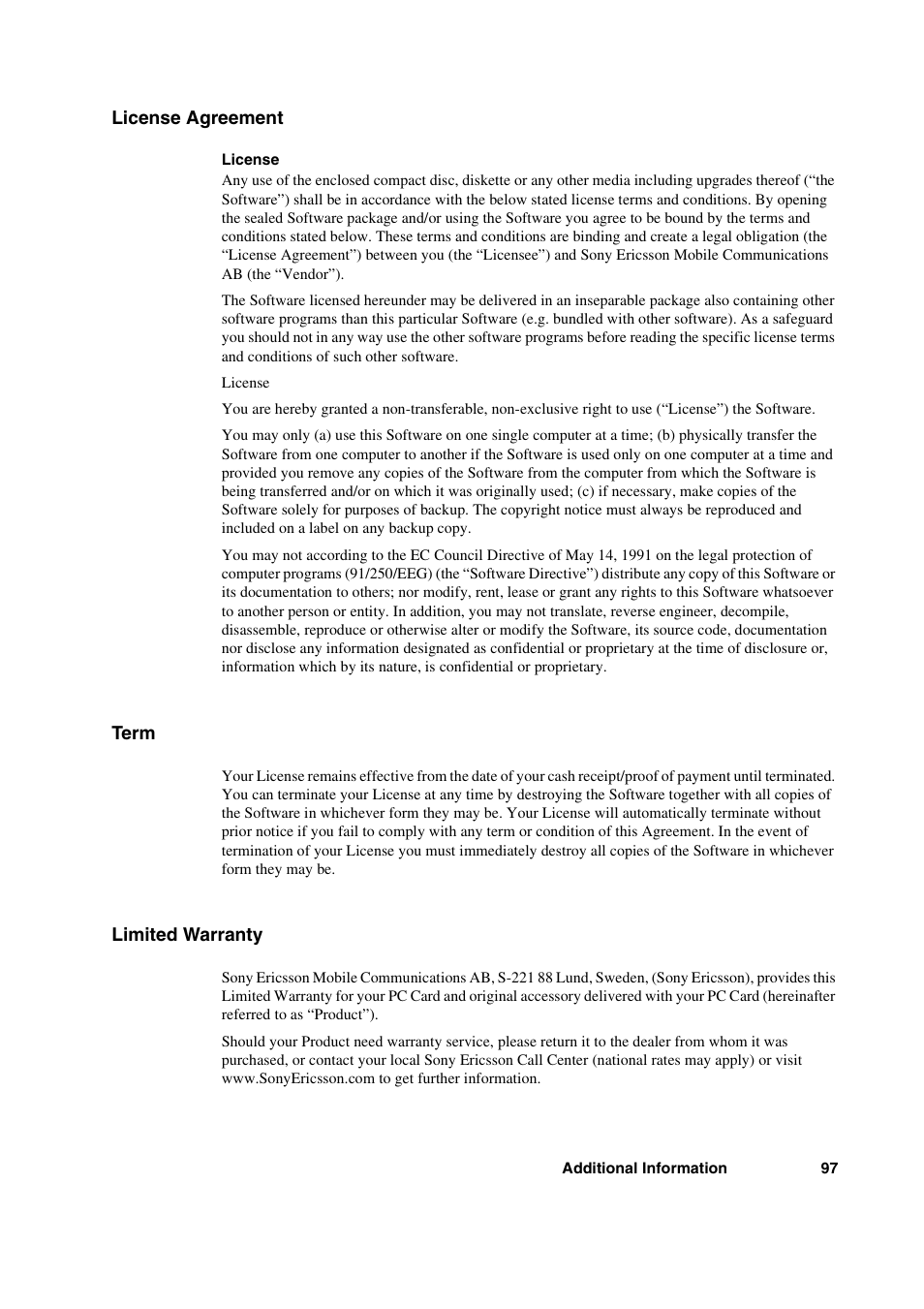 License agreement, Term, Limited warranty | License agreement term limited warranty | Sony Ericsson GC89 User Manual | Page 97 / 113