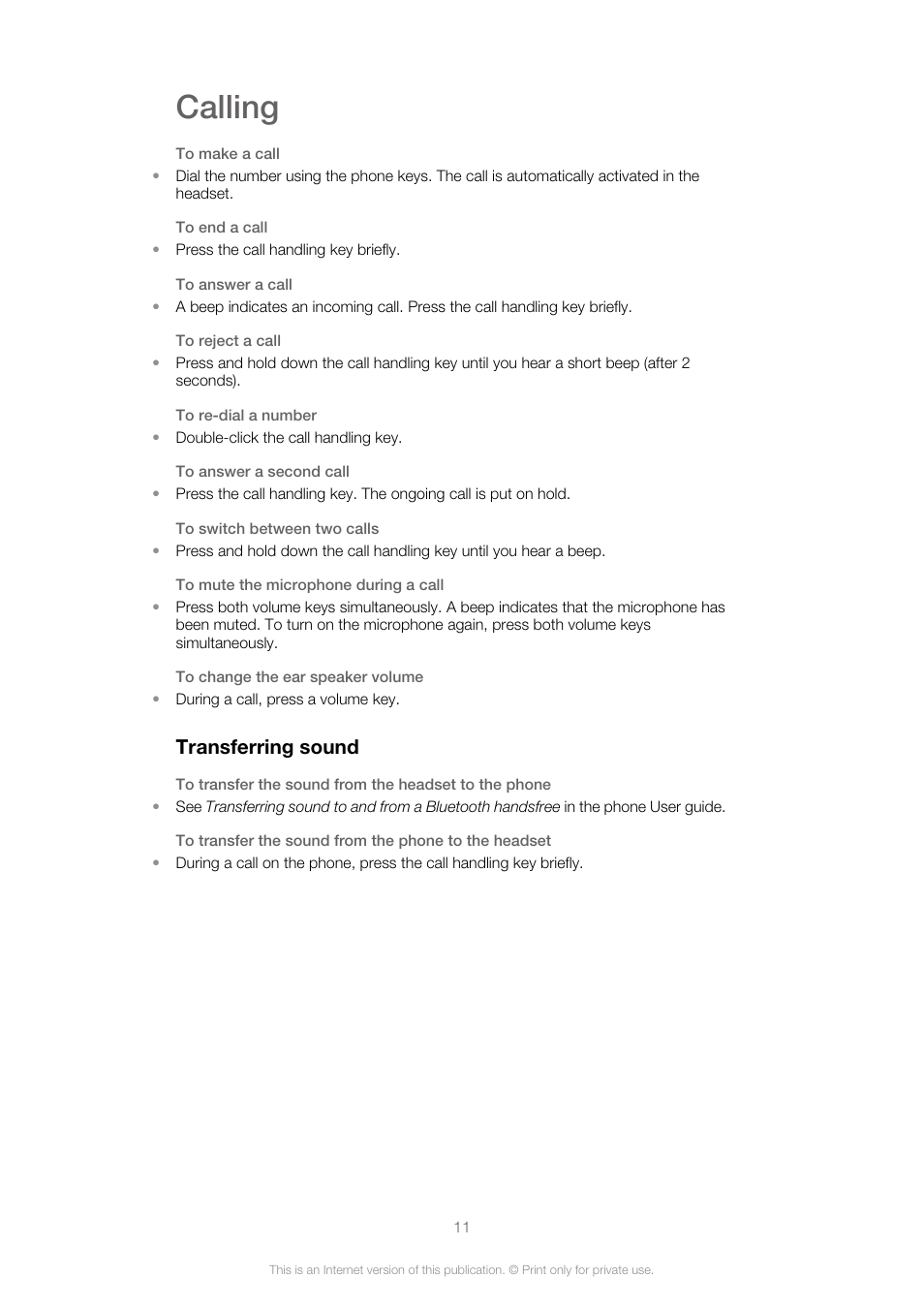 Calling, Transferring sound | Sony Ericsson VH700 User Manual | Page 11 / 17