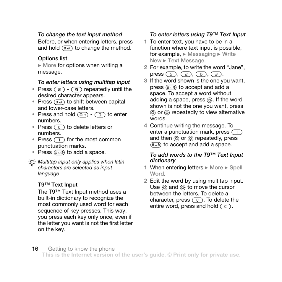 Options list, T9™ text input | Sony Ericsson Z710i User Manual | Page 16 / 101