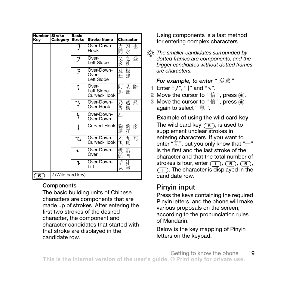 Components, Example of using the wild card key, Pinyin input | 19 for, Example, to enter | Sony Ericsson Z710i User Manual | Page 19 / 101