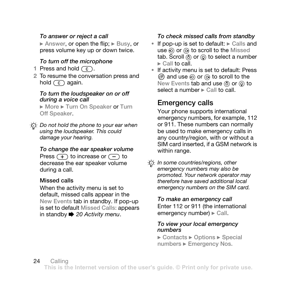 Missed calls, Emergency calls | Sony Ericsson Z710i User Manual | Page 24 / 101