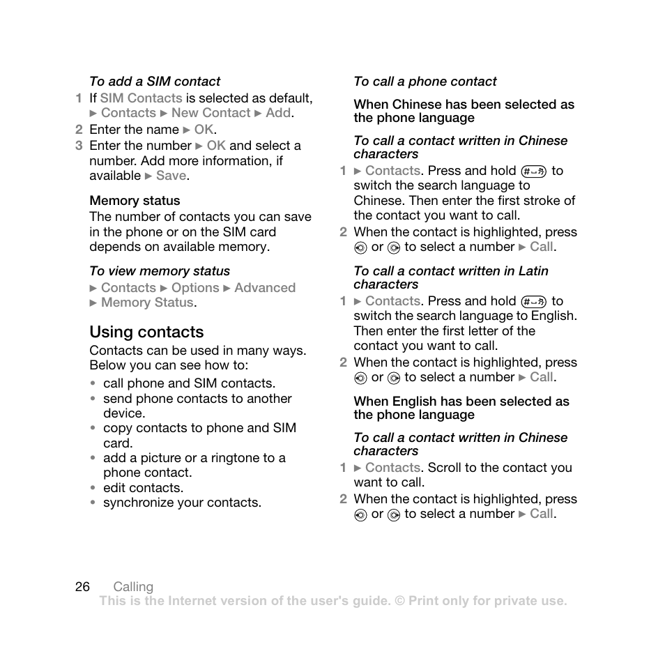 Memory status, Using contacts | Sony Ericsson Z710i User Manual | Page 26 / 101