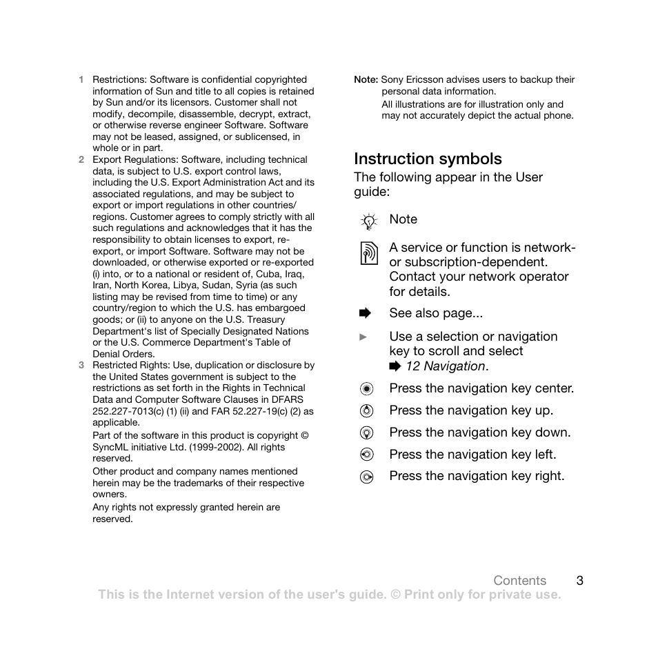 Instruction symbols | Sony Ericsson Z710i User Manual | Page 3 / 101