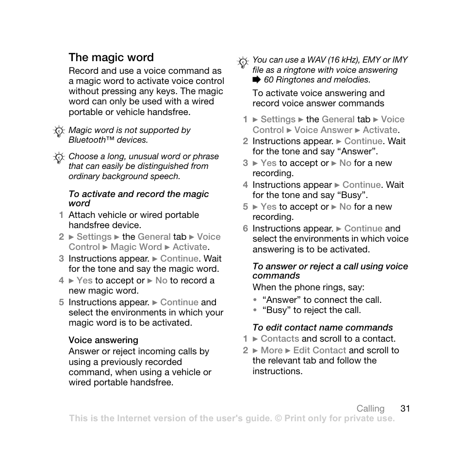 The magic word, Voice answering | Sony Ericsson Z710i User Manual | Page 31 / 101