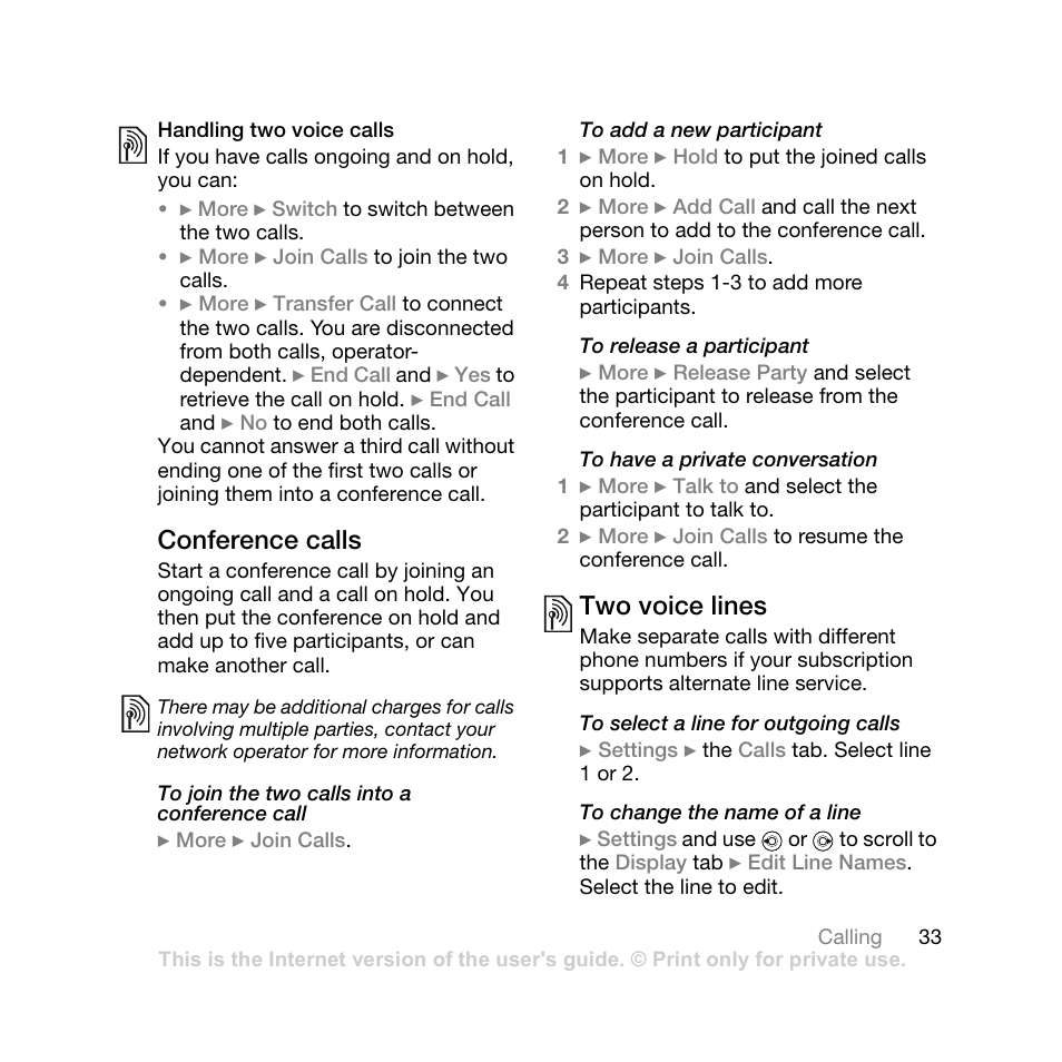 Handling two voice calls, Conference calls, Two voice lines | Sony Ericsson Z710i User Manual | Page 33 / 101