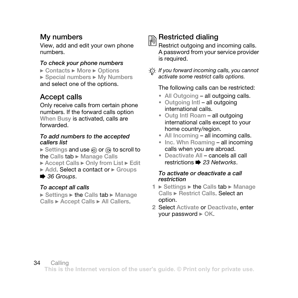 My numbers, Accept calls, Restricted dialing | Sony Ericsson Z710i User Manual | Page 34 / 101