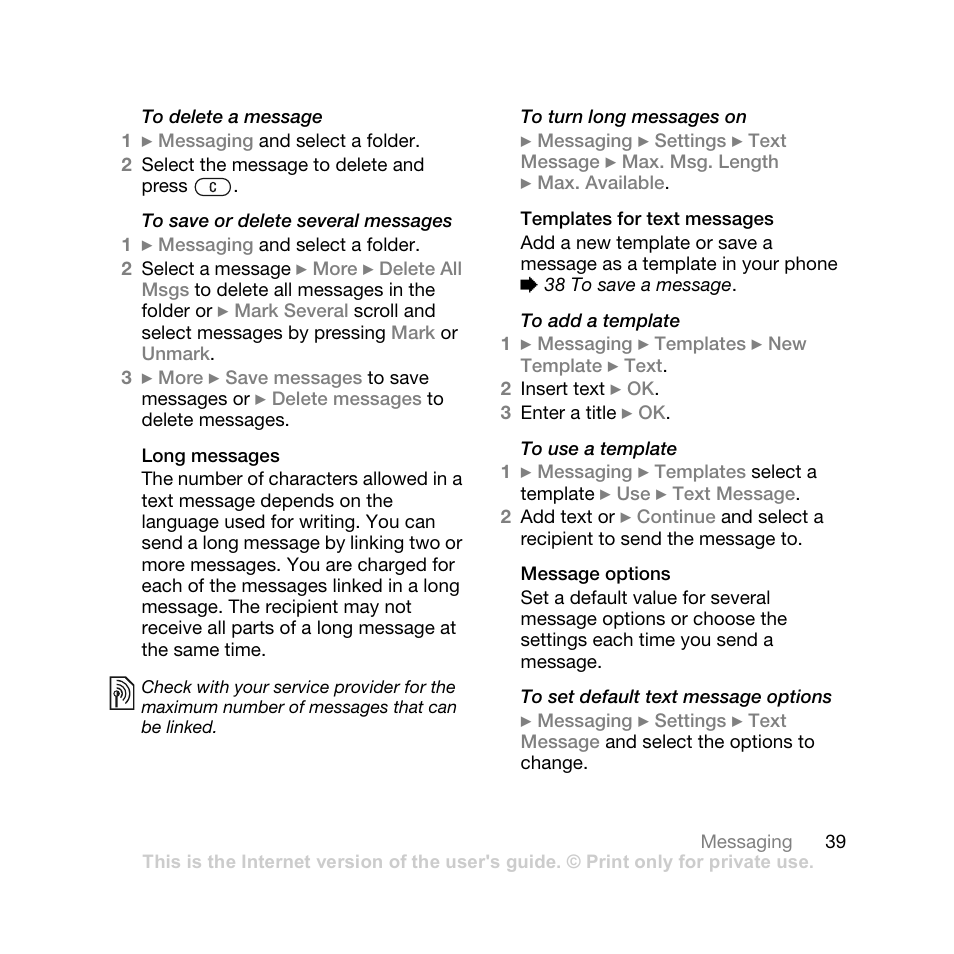 Long messages, Templates for text messages, Message options | Sony Ericsson Z710i User Manual | Page 39 / 101