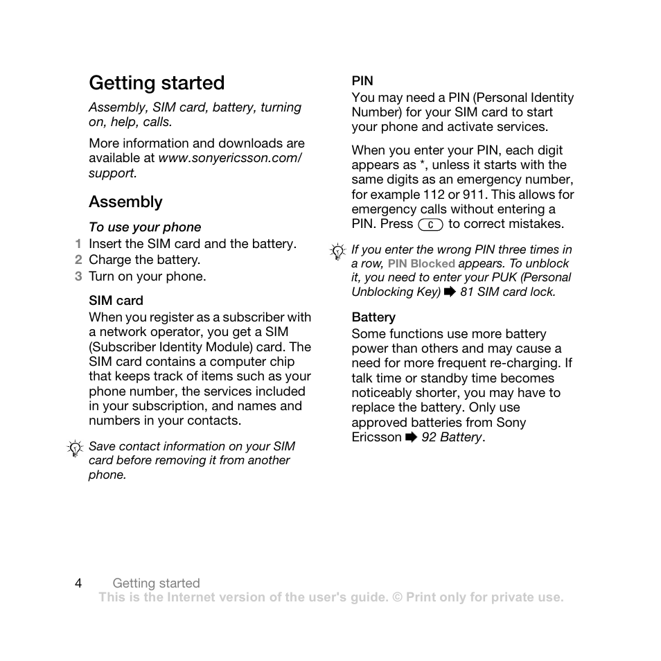 Getting started, Assembly, Sim card | Battery | Sony Ericsson Z710i User Manual | Page 4 / 101