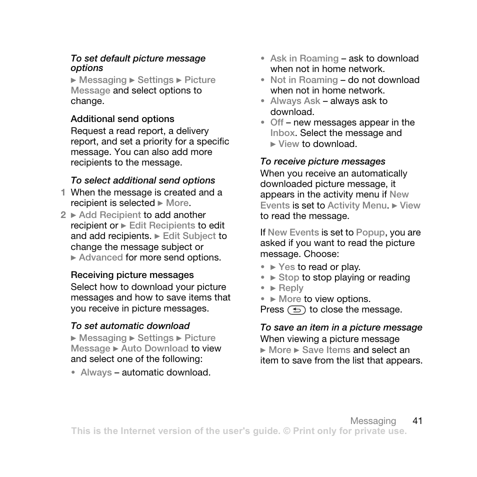 Additional send options, Receiving picture messages | Sony Ericsson Z710i User Manual | Page 41 / 101