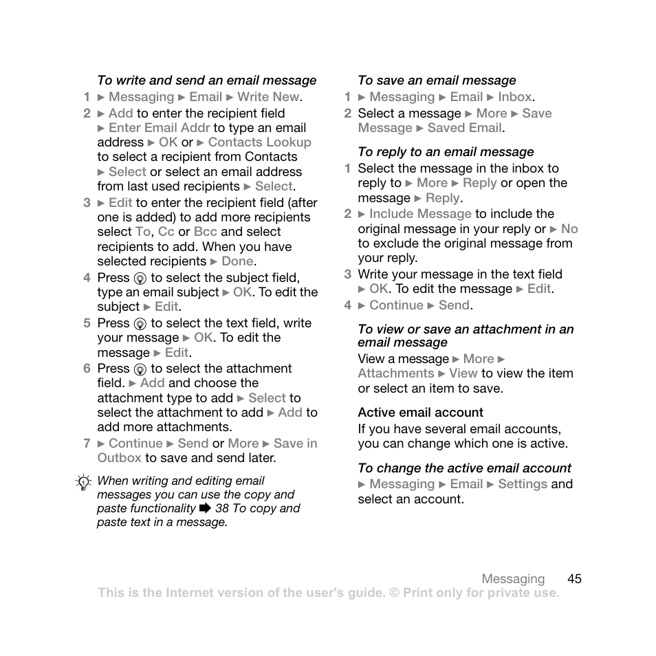 Active email account | Sony Ericsson Z710i User Manual | Page 45 / 101